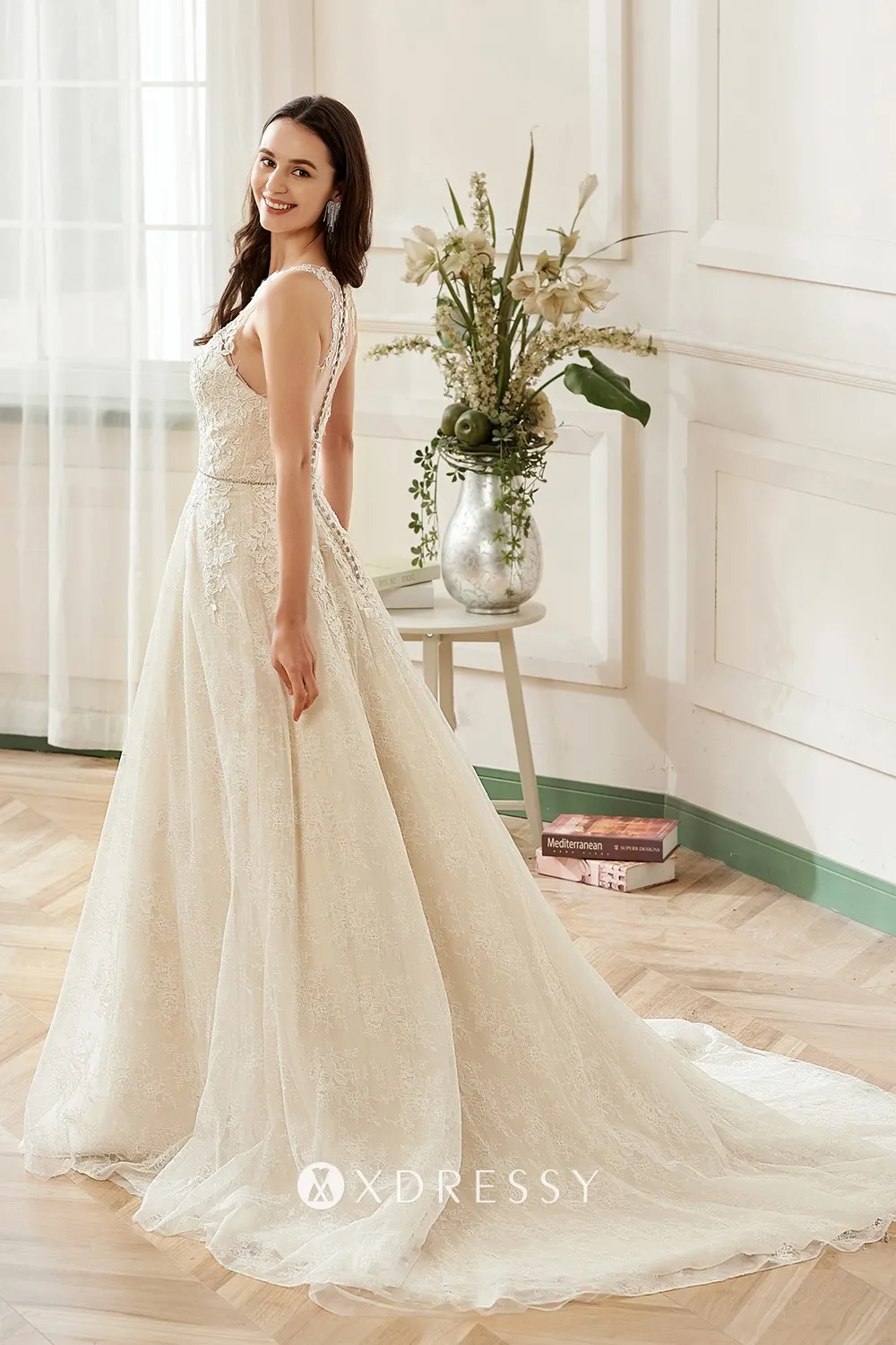 illusion lace chapel train wedding dress