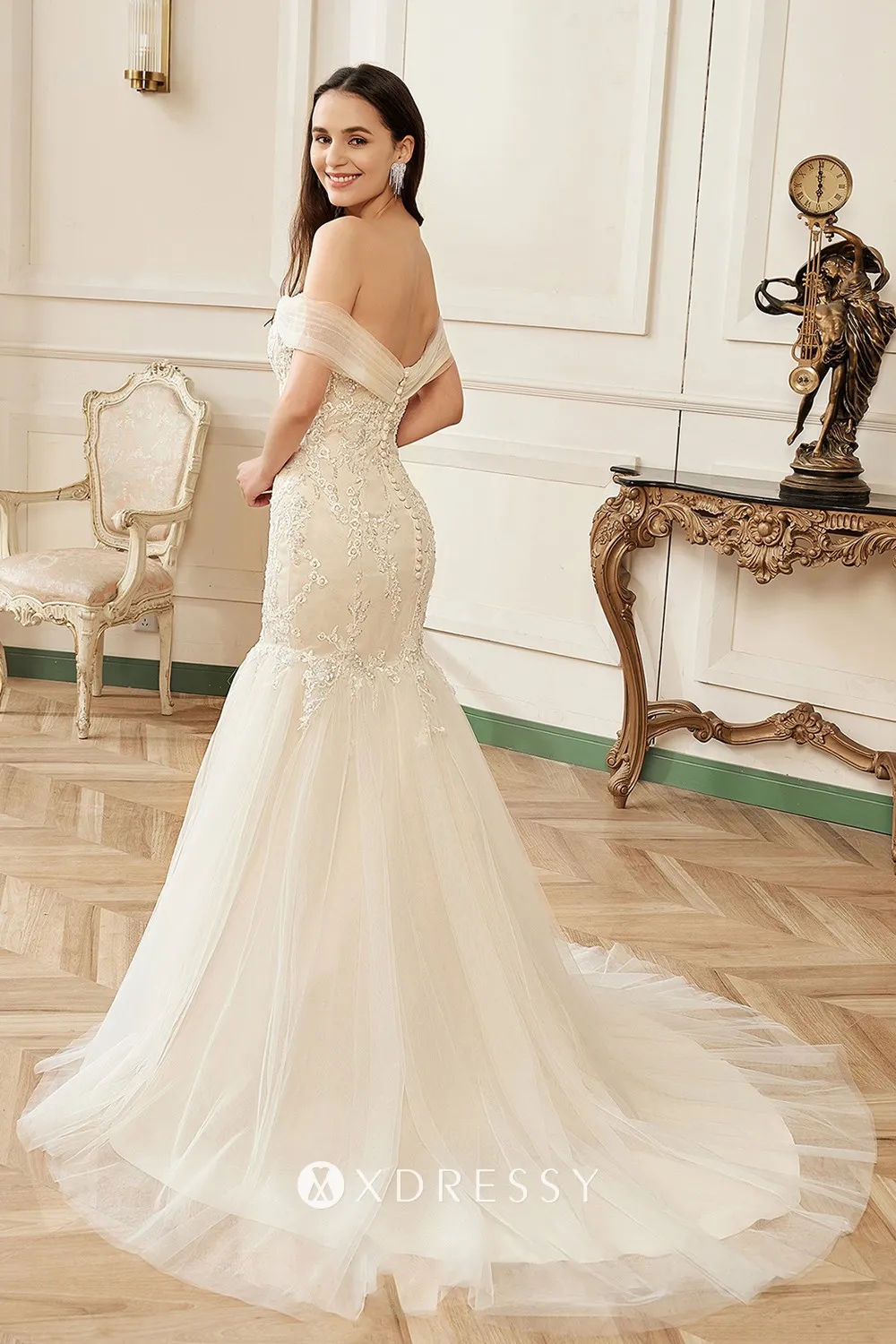 Champagne Tulle Off Shoulder Mermaid Wedding Dress, WD0450