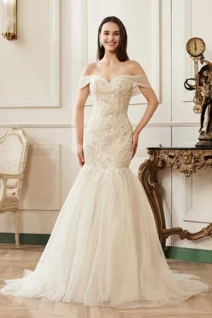 off the shoulder mermaid tulle wedding dress