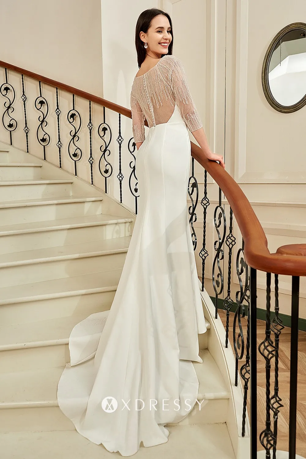 Crepe Long Sleeve Wedding Dress With Beaded Illusion Back Illusion Sleeve  Back Fit-and-flare Crepe Bridal Gown Xdressy
