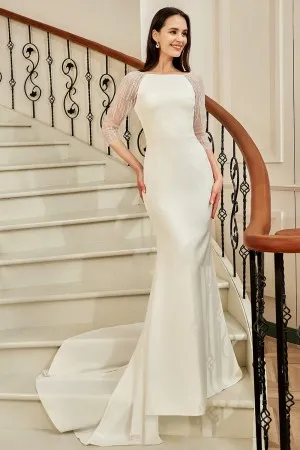 illusion sleeve back fit and flare crepe bridal gown