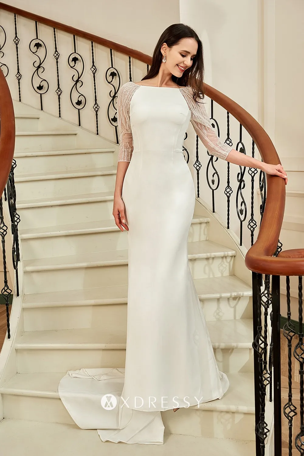 three quarter sleeve illusion back crepe satin bridal gown