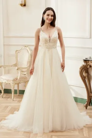 spaghetti straps plunging neck bohemian wedding dress