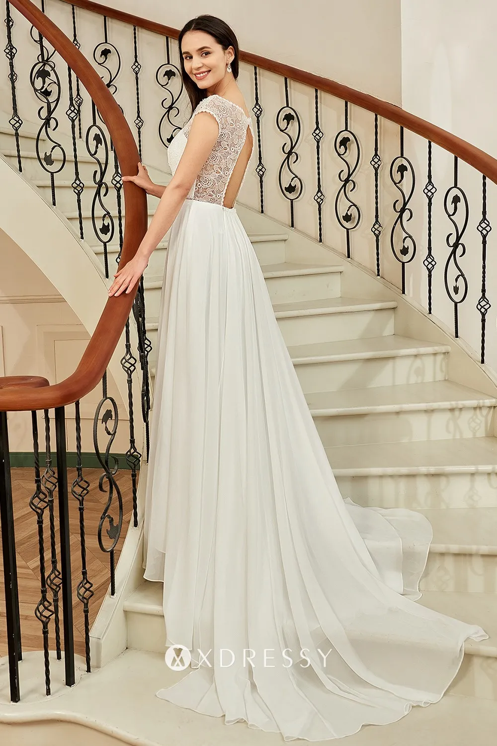 Chiffon Illusion Neck Wedding Gowns with Train Ivory