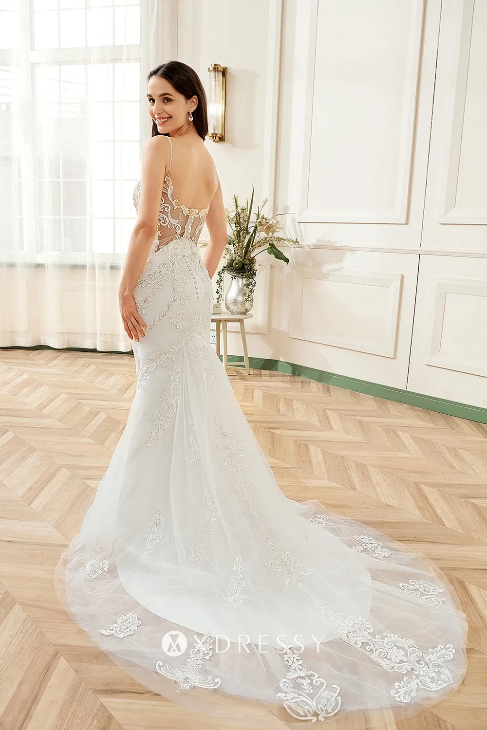 Illusion lace low back with buttons chapel train mermaid wedding dress Illusion lace low back with buttons chapel train mermaid wedding dress