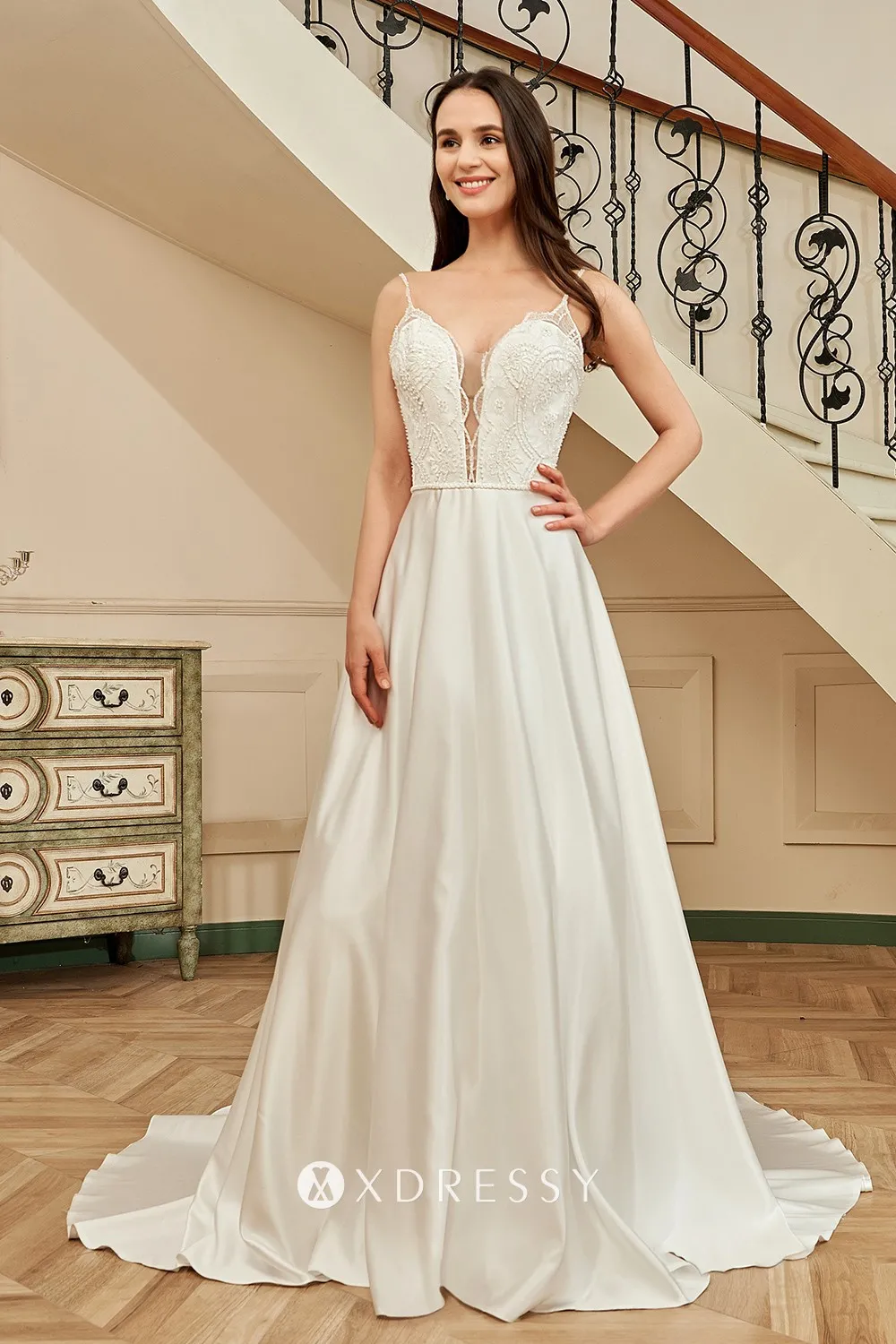 beaded sexy plunging v neck satin a line wedding dress beaded sexy plunging v neck satin a line wedding dress