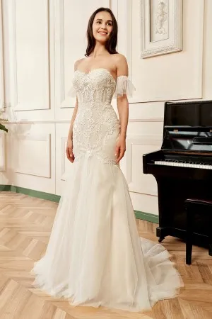 detachable tulle sleeve strapless mermaid wedding gown