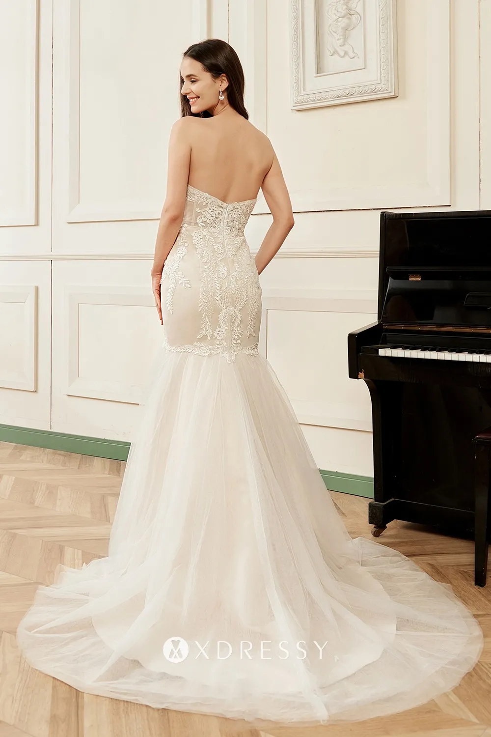 strapless open back soft flared tulle skirt chaple train wedding gown