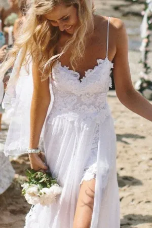 White lace and chiffon summer beach wedding dress