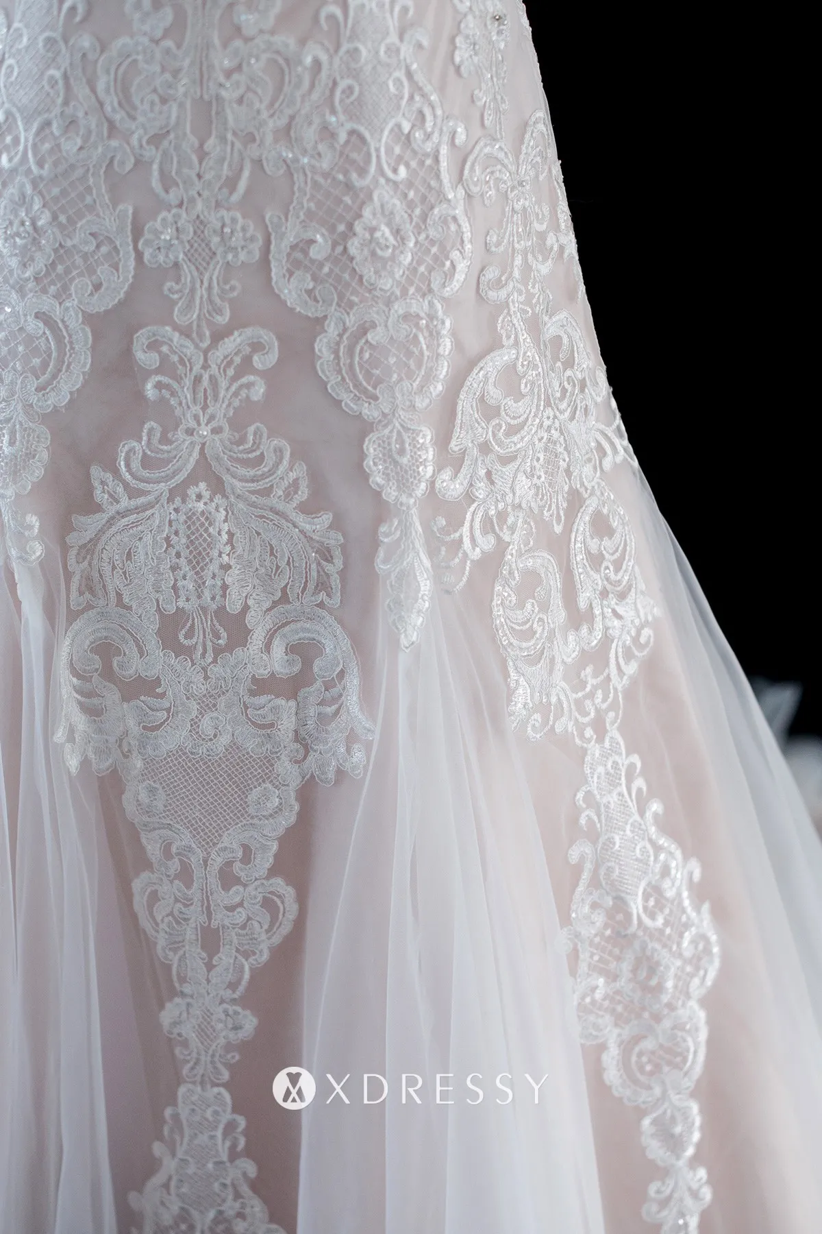 beaded pearl pink scalloped V neck lace tulle bridal gown