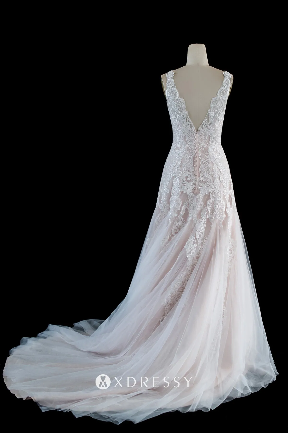 chapel train pearl pink scalloped lace tulle bridal gown