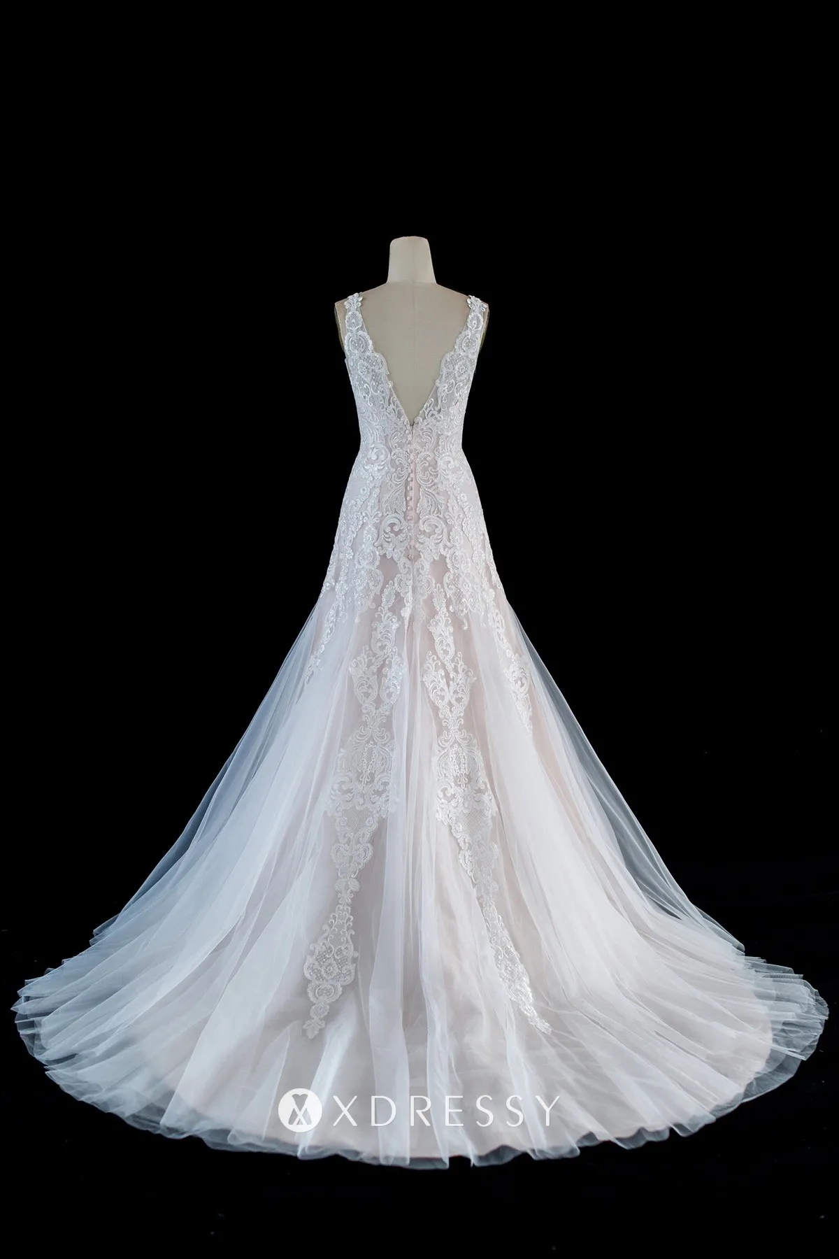 low V back pearl pink lace tulle bridal gown
