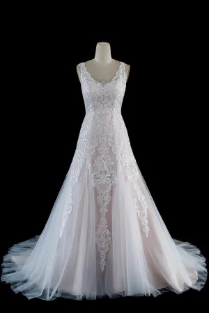 pearl pink scalloped V neck lace tulle bridal gown