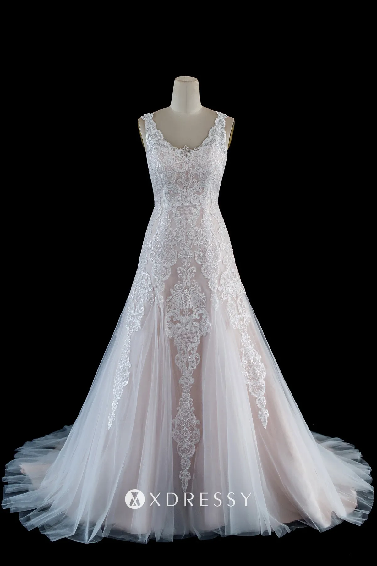 pearl pink scalloped V neck lace tulle bridal gown