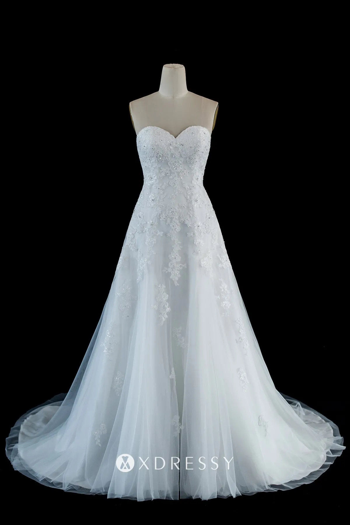 beaded white lace tulle strapless wedding dress
