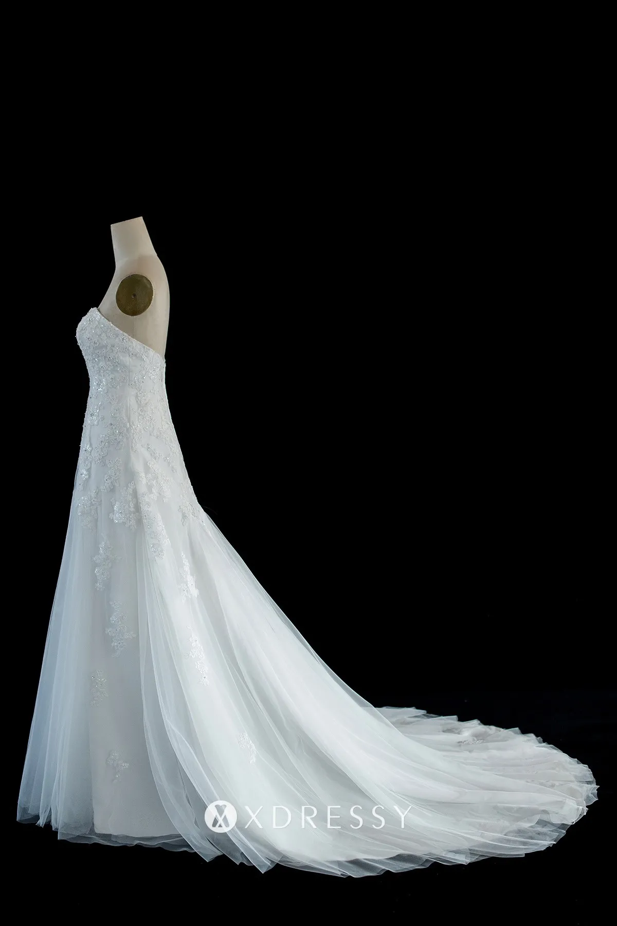 chapel train strapless beaded white lace tulle wedding dress