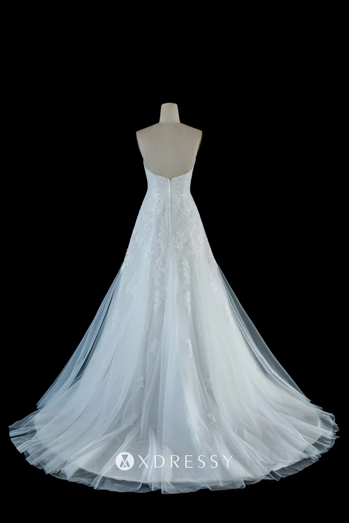 low back beaded white lace tulle strapless wedding dress