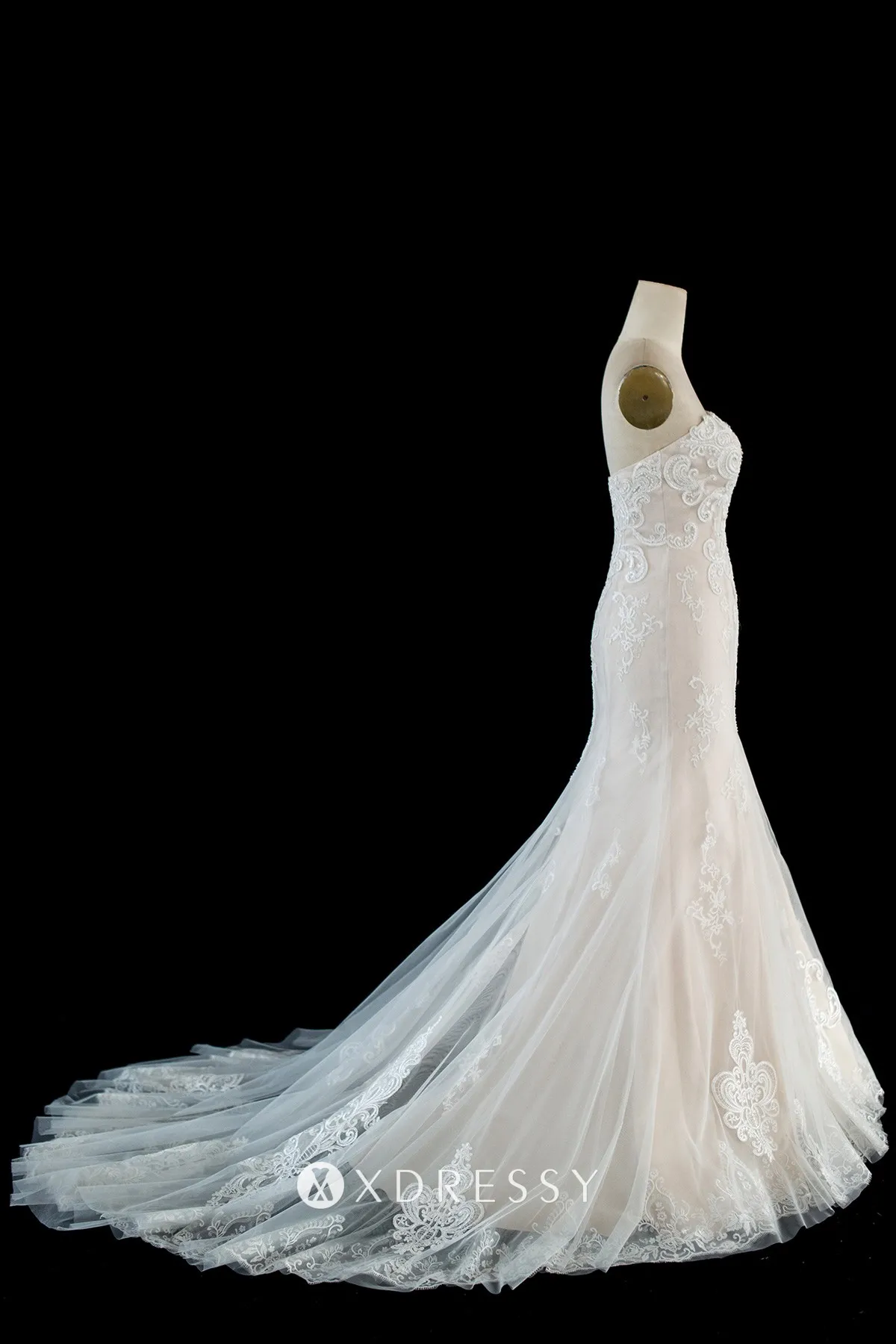 beaded lace tulle champagne mermaid wedding gown with chapel train beaded lace tulle champagne mermaid wedding gown with chapel train