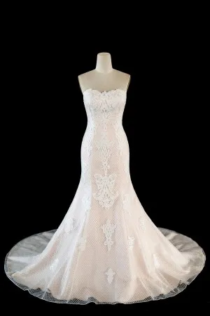 champagne grid lace wedding gown with chapel train