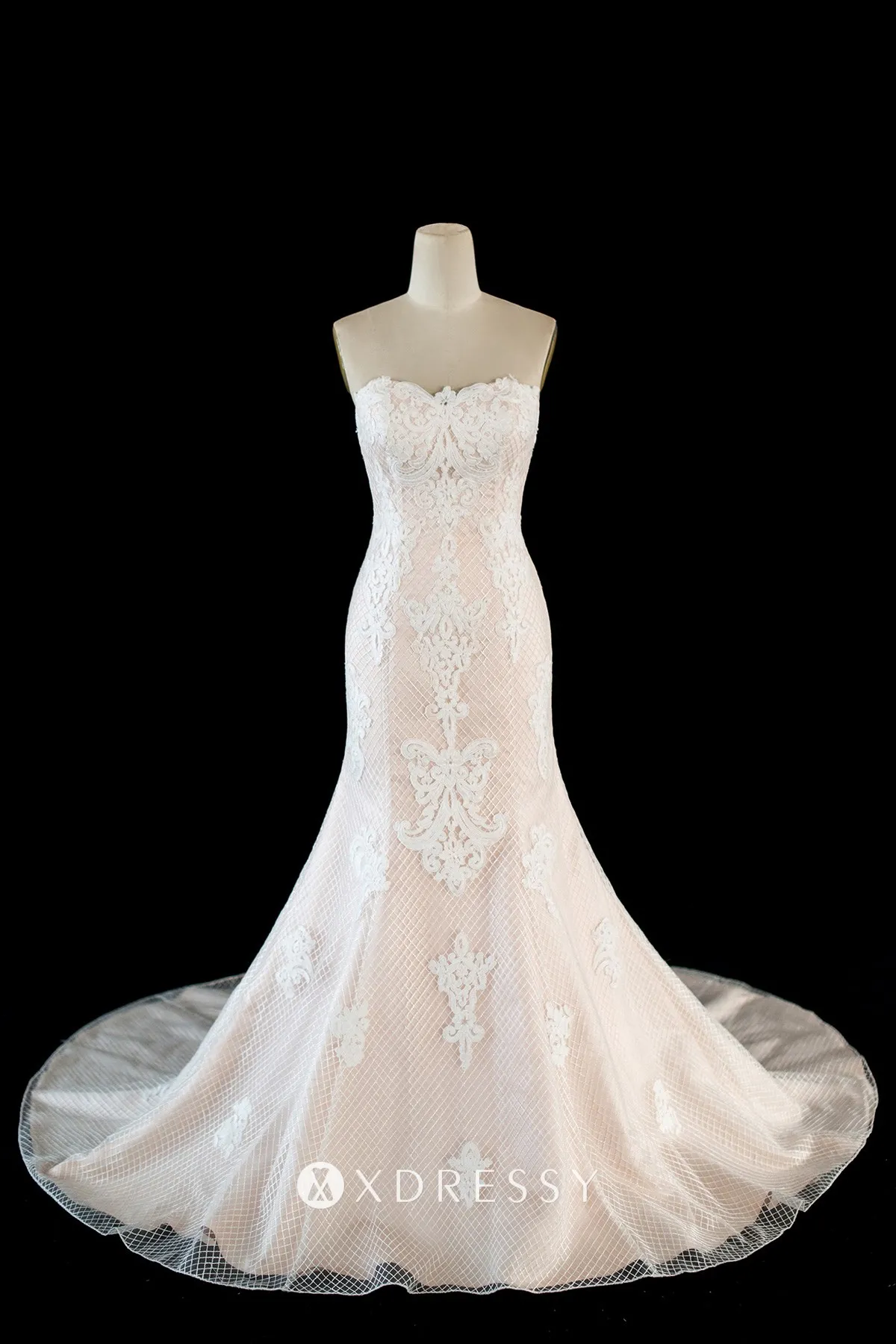 champagne grid lace wedding gown with chapel train champagne grid lace wedding gown with chapel train