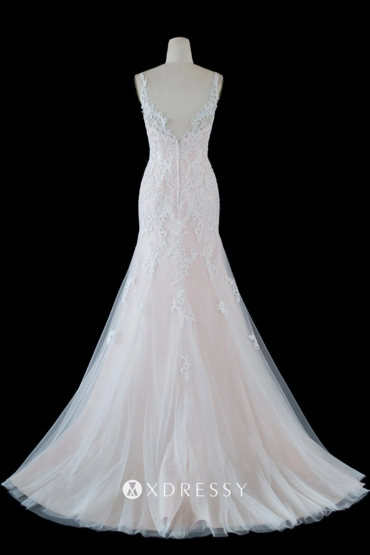 V back nude pink lace tulle mermaid bridal dress V back nude pink lace tulle mermaid bridal dress