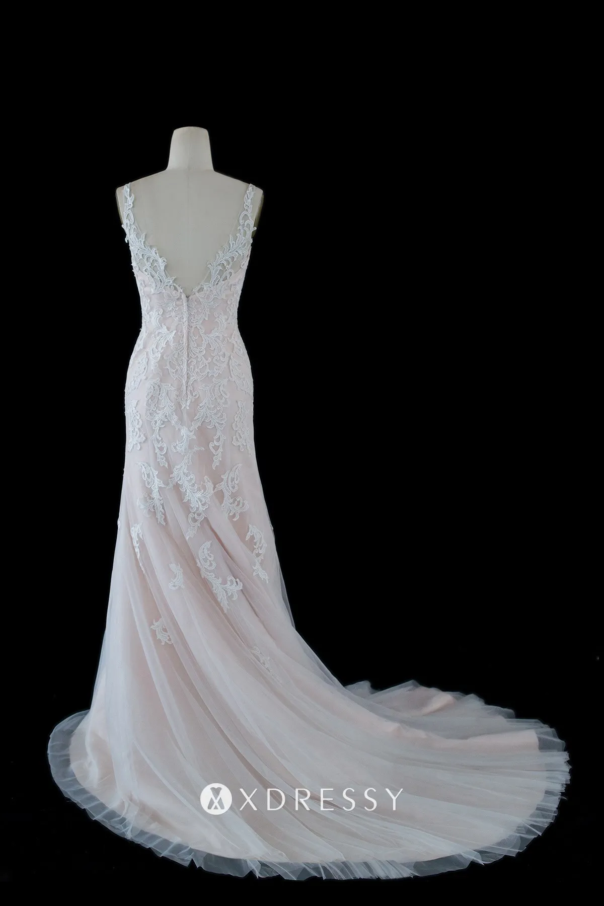chapel train nude pink lace tulle V neck mermaid bridal dress chapel train nude pink lace tulle V neck mermaid bridal dress