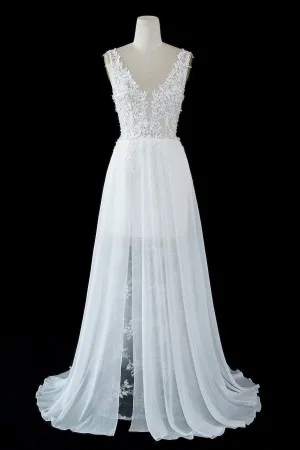 sheer white chiffon lace slit summer wedding dress