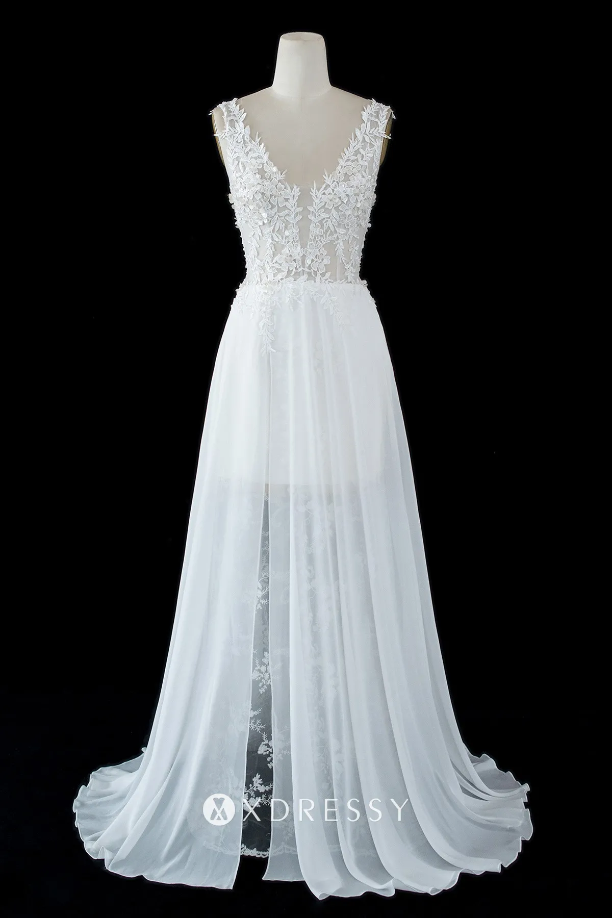 V-neck Chiffon Dresses with Lace Strap White