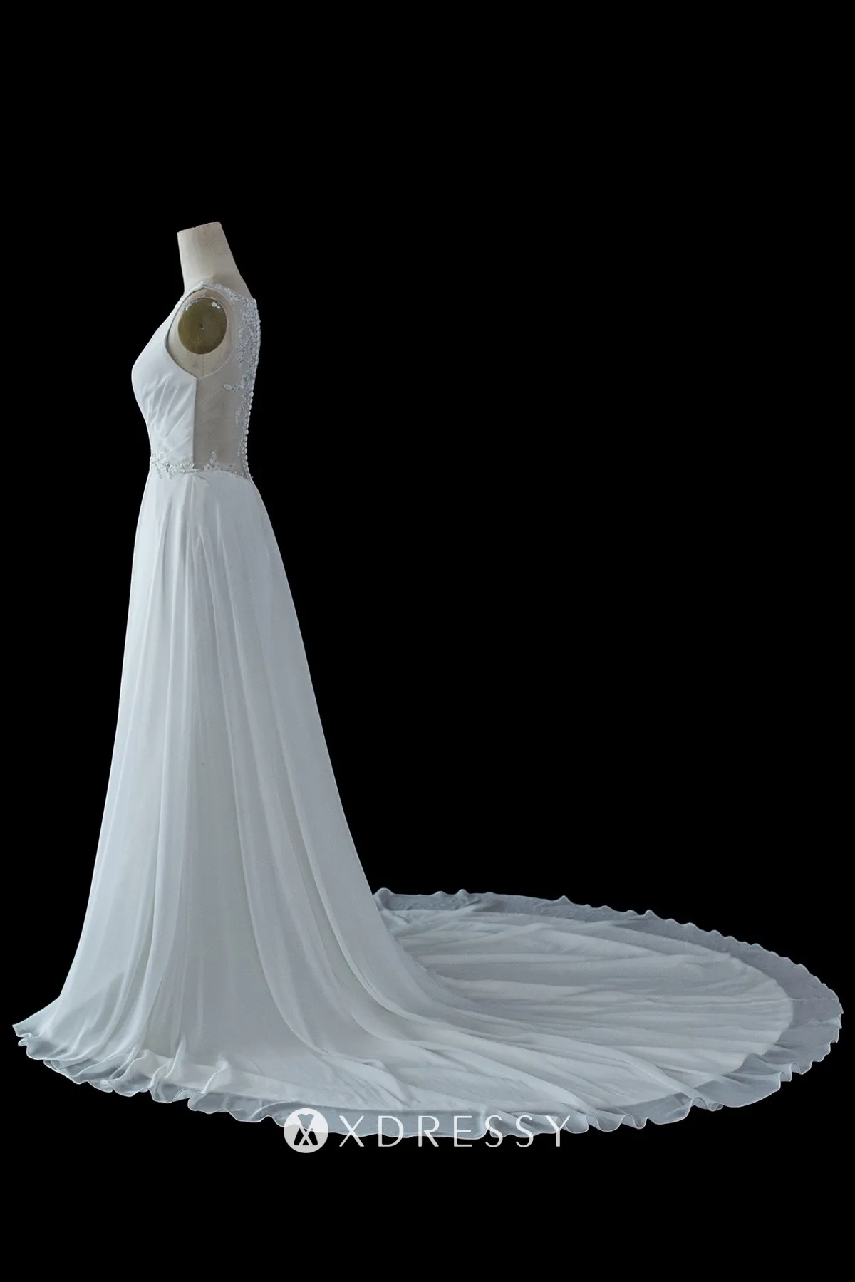chapel train plunging V neck chiffon wedding dress chapel train plunging V neck chiffon wedding dress