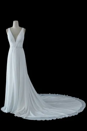 plunging V neck chapel train chiffon wedding dress