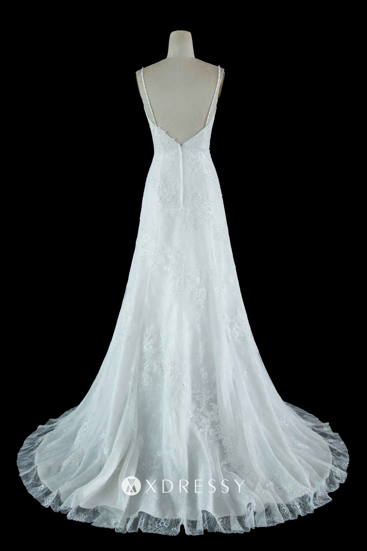 low back spaghetti straps lace satin bridal gown