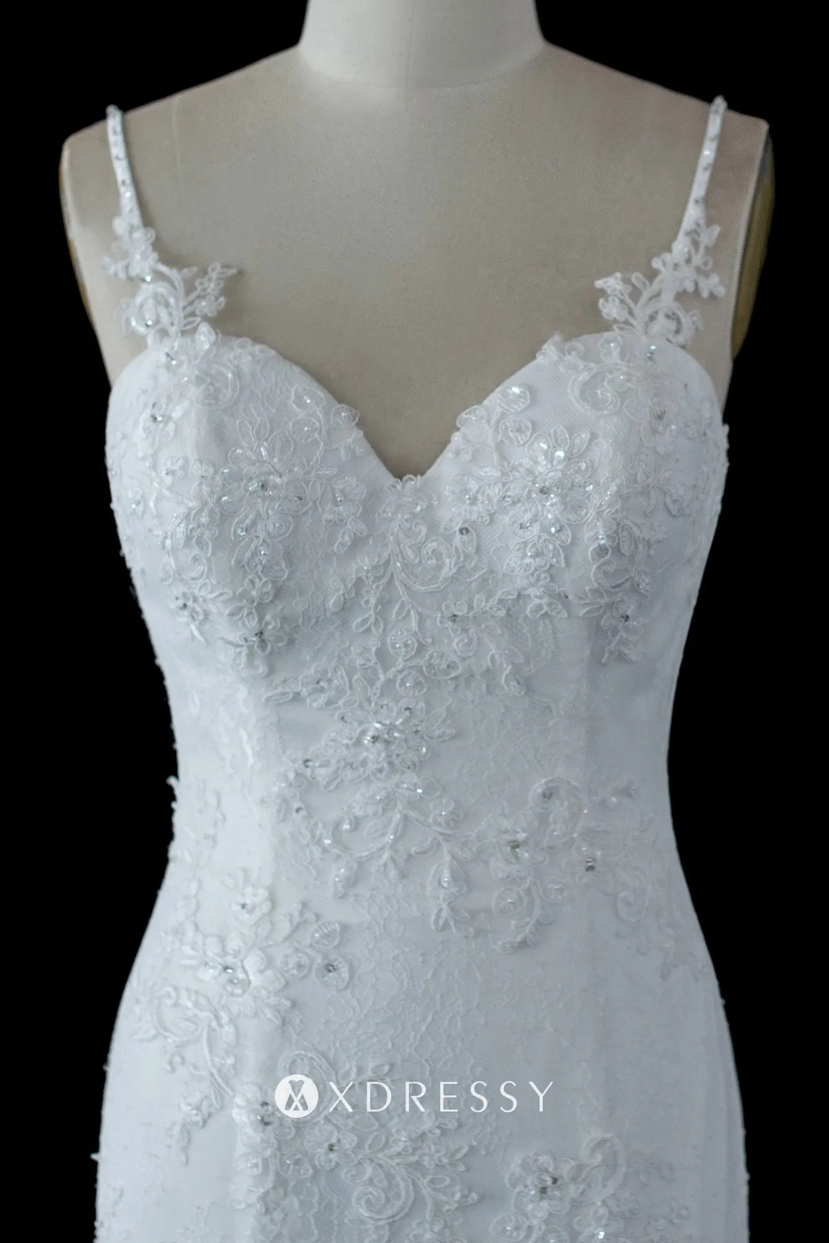 spaghetti straps sweetheart lace satin bridal gown