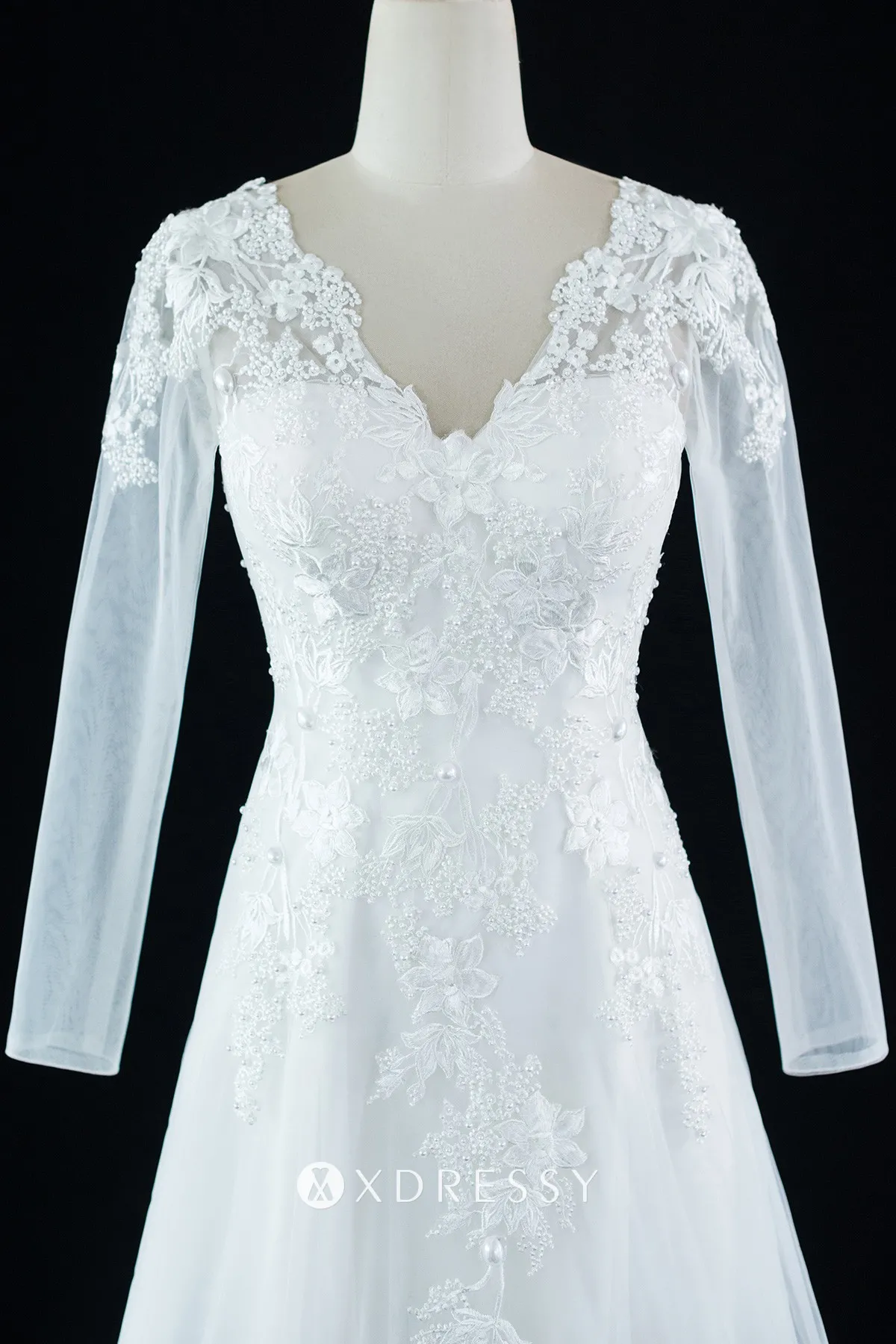 V neck sweetheart sheer long sleeve beaded lace wedding gown V neck sweetheart sheer long sleeve beaded lace wedding gown