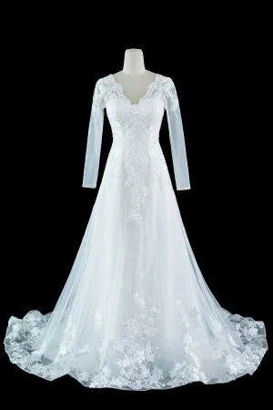 sheer long sleeve pearled lace wedding gown