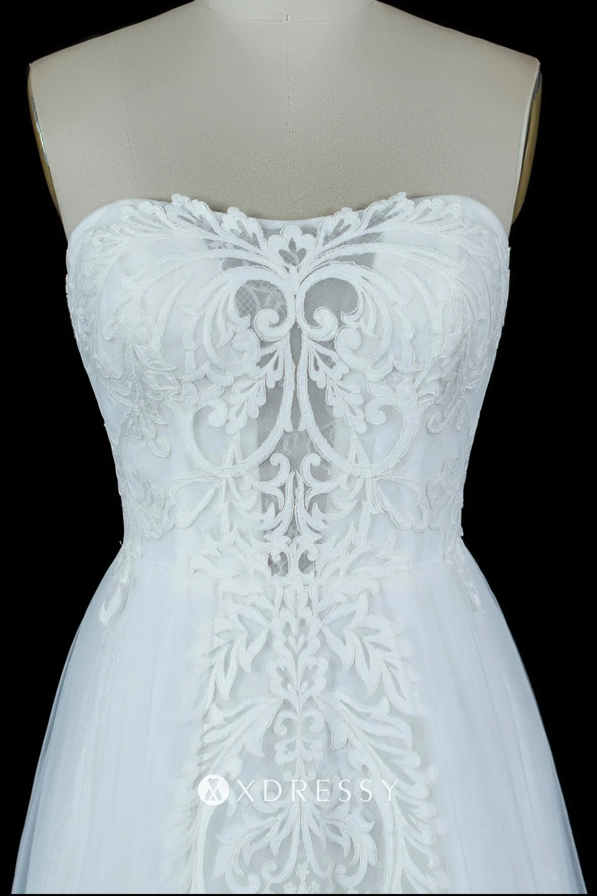 illusion plunging neck white lace and tulle bridal gown
