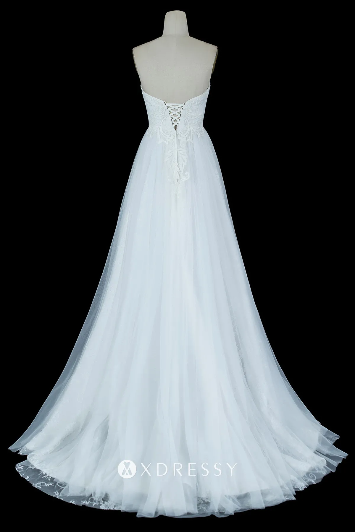 lace up low back strapless white lace and tulle bridal gown