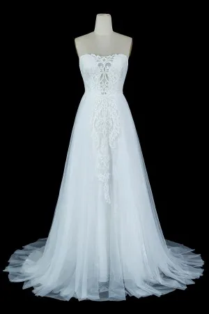 strapless illusion plunging neck white bridal gown