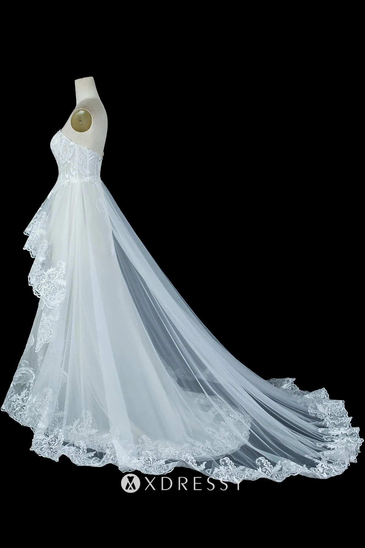 ivory lace tulle high low overskirt bridal dress with chapel train ivory lace tulle high low overskirt bridal dress with chapel train