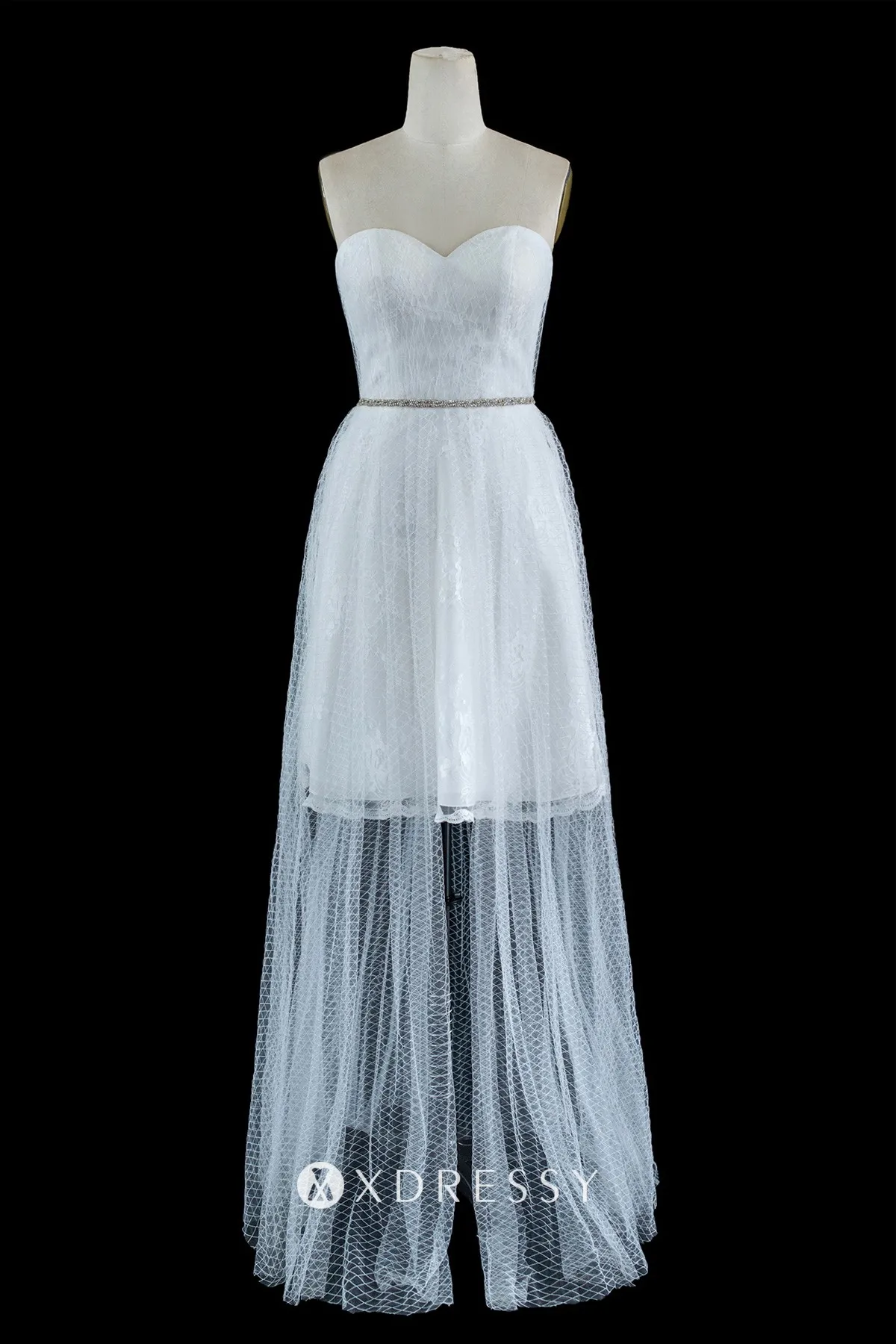 strapless short beach bridal gown with net overlay strapless short beach bridal gown with net overlay