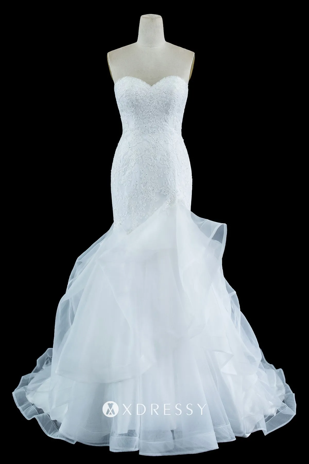 beaded lace drop waist tulle trumpet wedding dress