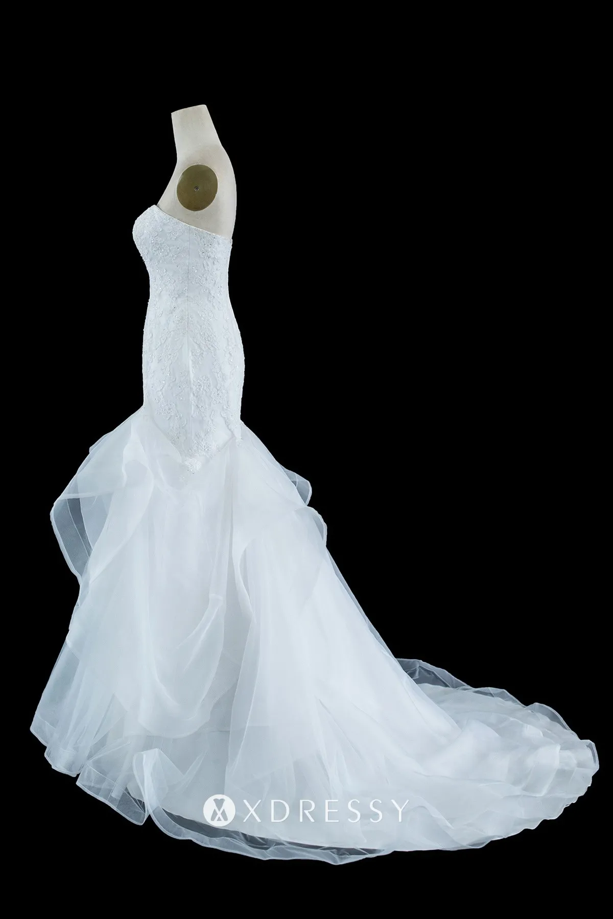 beaded lace drop waist tulle trumpet wedding dress with chapel train