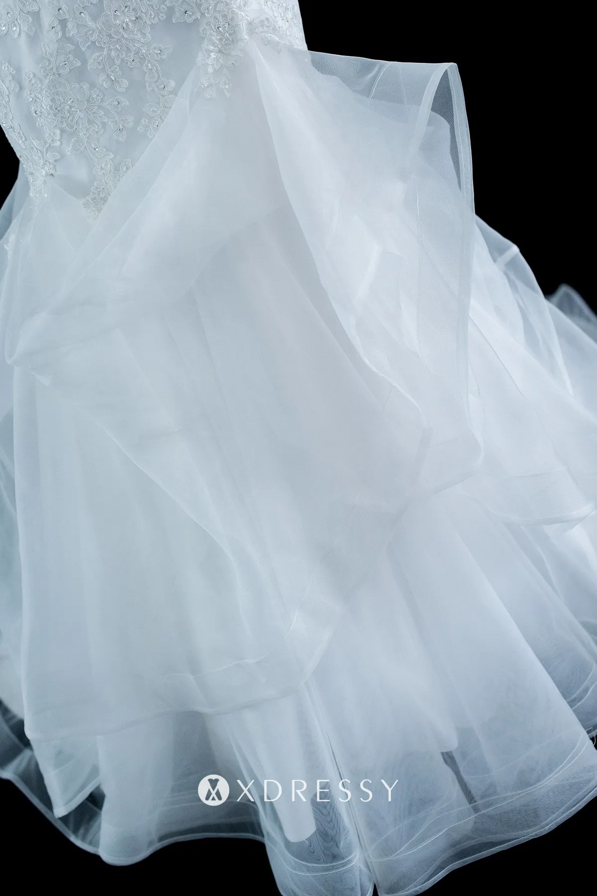 drop waist ruffled tulle trumpet skirt wedding dress