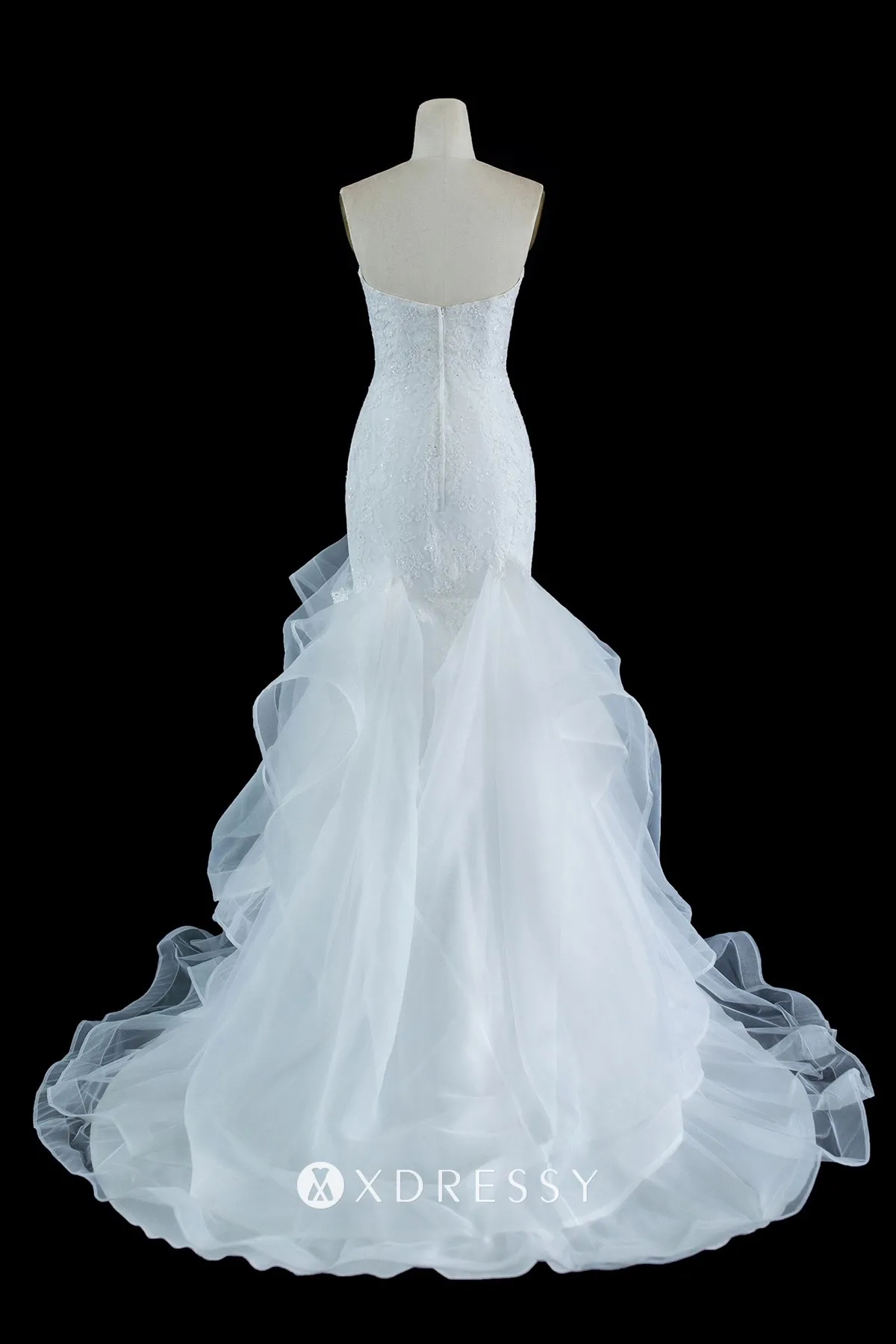 low back beaded lace drop waist tulle trumpet wedding dress