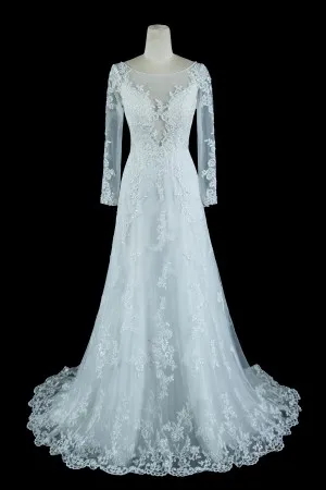illusion long sleeve plunging neck wedding dress
