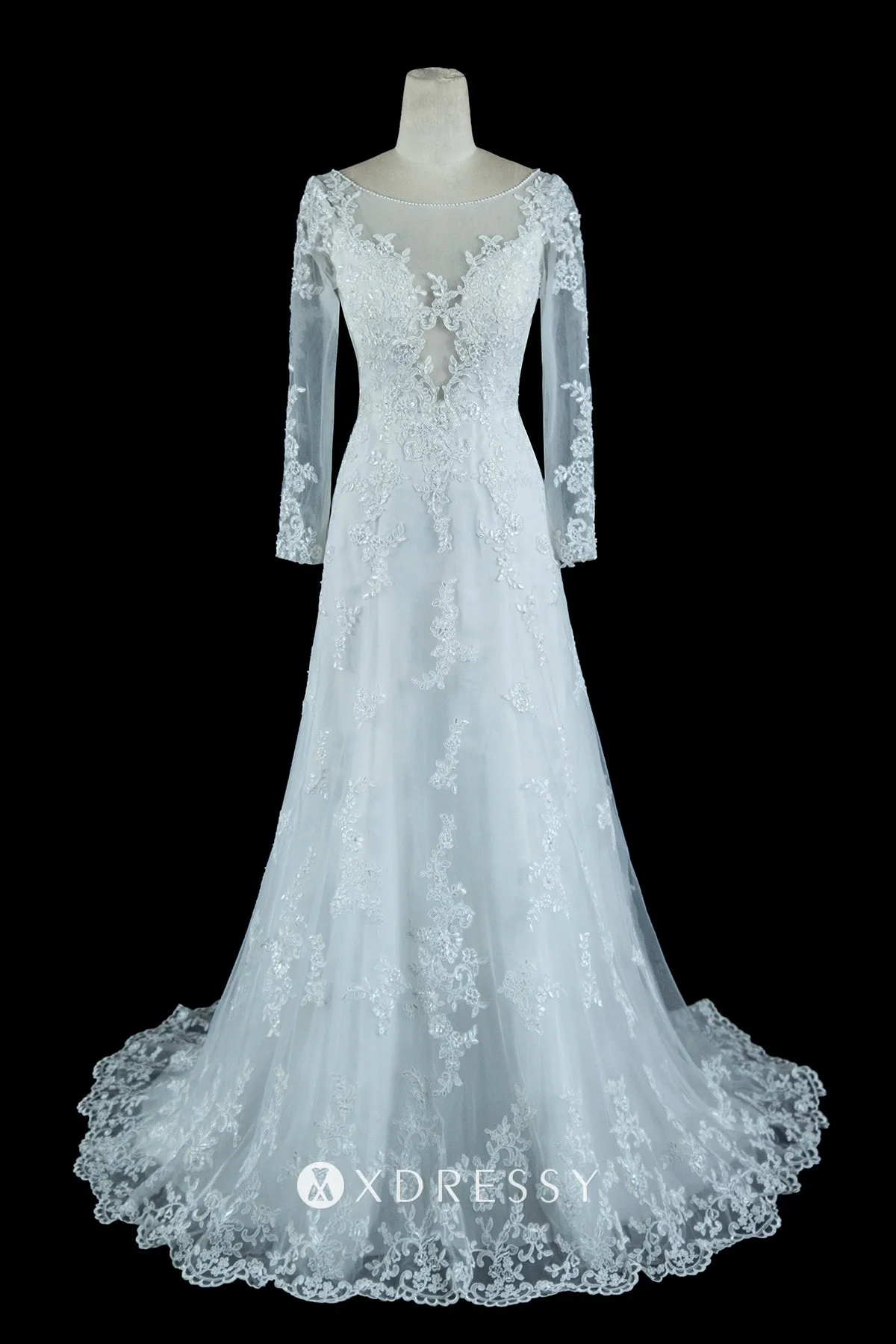 illusion long sleeve plunging neck wedding dress