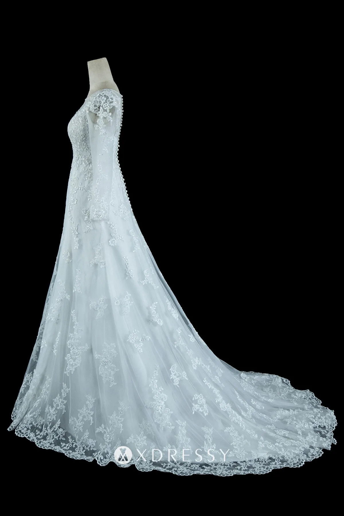 illusion long sleeve plunging neck wedding dress with chapel train