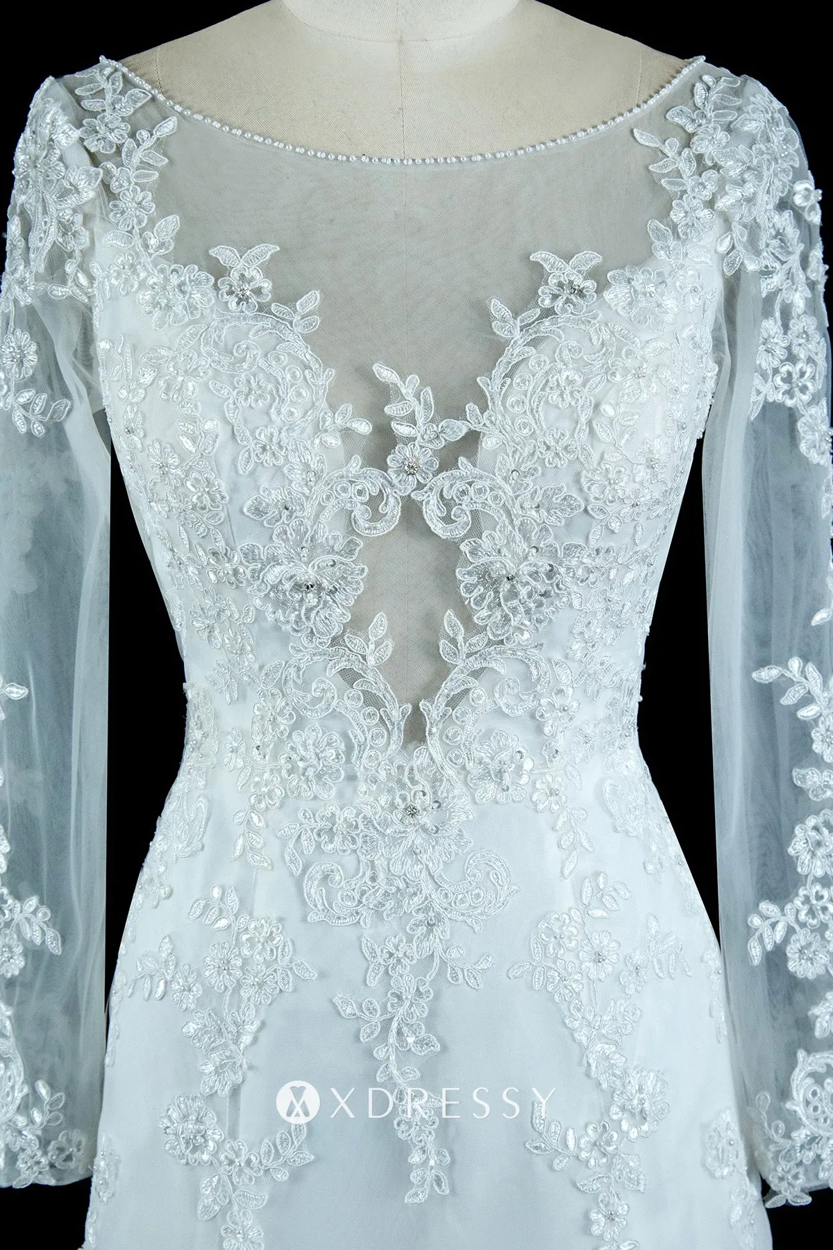 illusion plunging neck long sleeve wedding dress