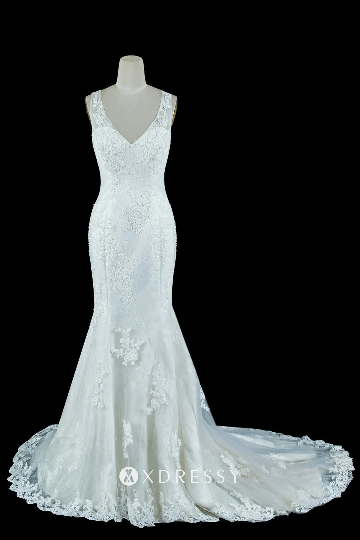 V neck sweetheart ivory lace satin mermaid wedding dress