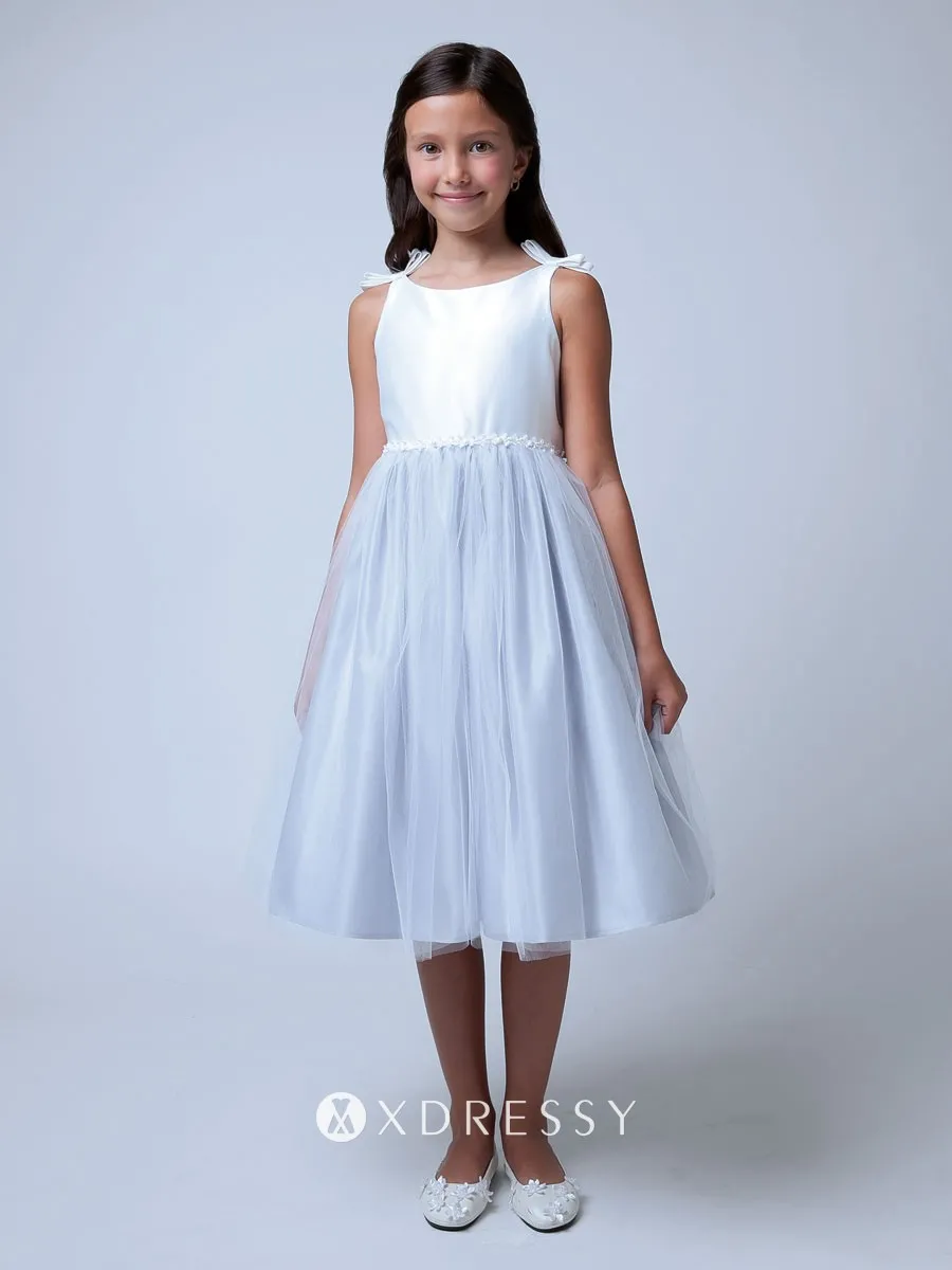 White light blue satin simple flower girl dress