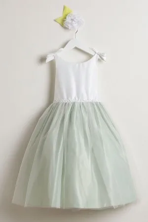 White light green satin simple flower girl dress